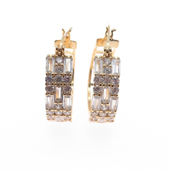 925 Sterling Silver Gold Plated Emerald & Round-Cut C Z Hoop Earrings - Picture 5 of 9